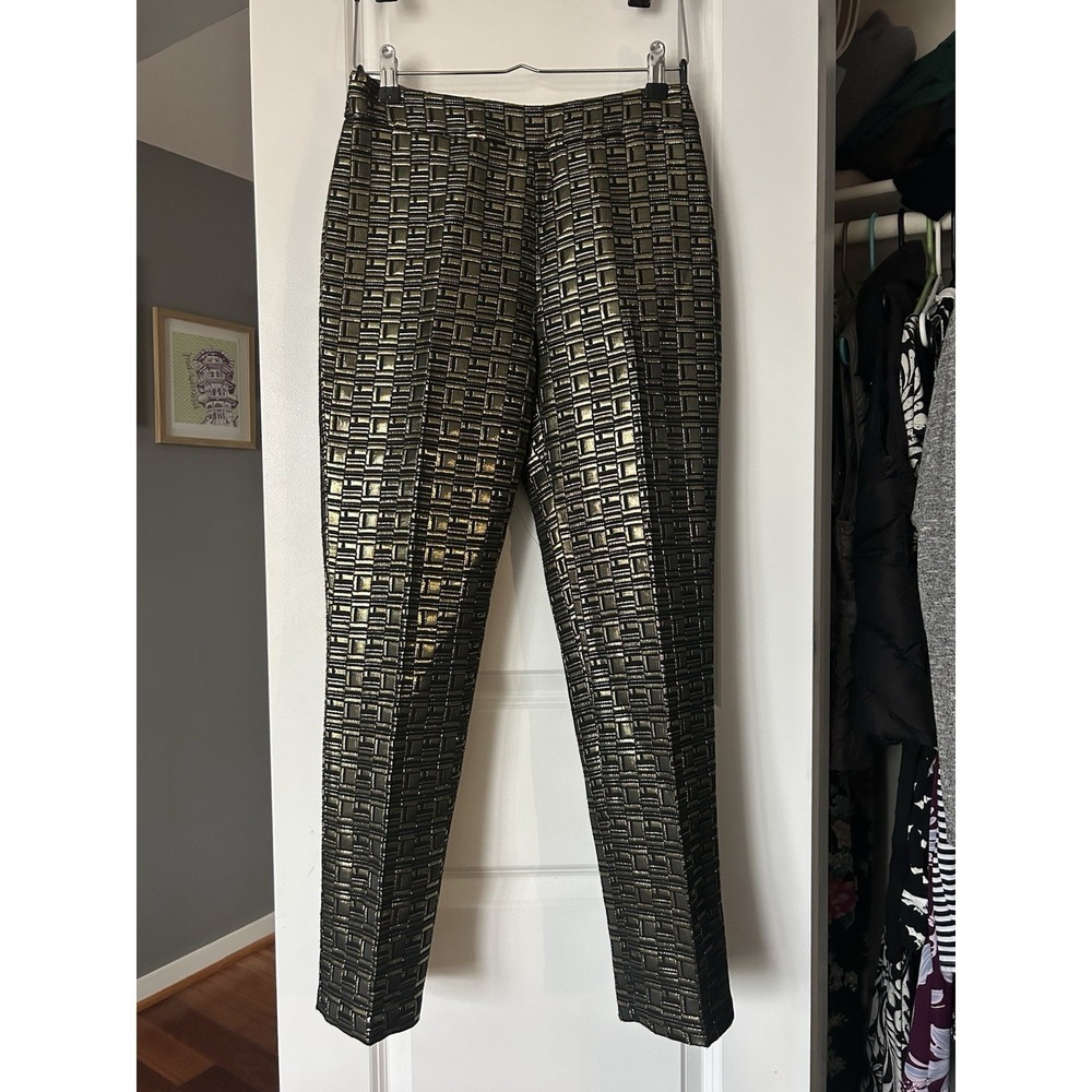 Kate Spade Saturday Gold Black Metallic Patterned Slim Pant Size 00‎